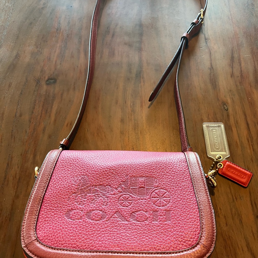 Coach Raspberry-Pink Pebbled Saddle BAG Leather Crossbody with Brown Trim - Picture 2 of 8